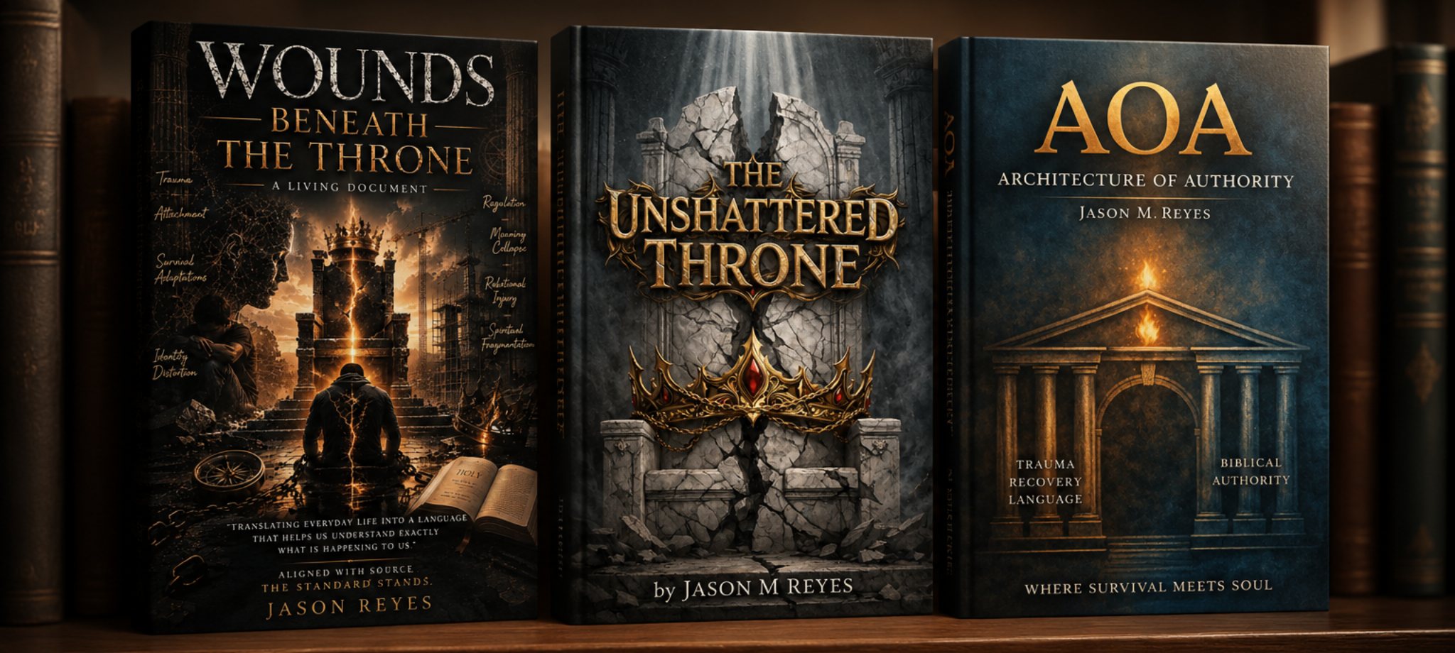 The three books by Jason M. Reyes on a library shelf: Wounds Beneath the Throne, The Unshattered Throne, and AOA Architecture of Authority